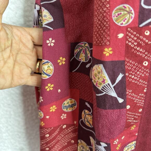 Island Attitudes L Red Patchwork Dress Fans Parasol Flora Linen Cotton Hawaii - Picture 5 of 12